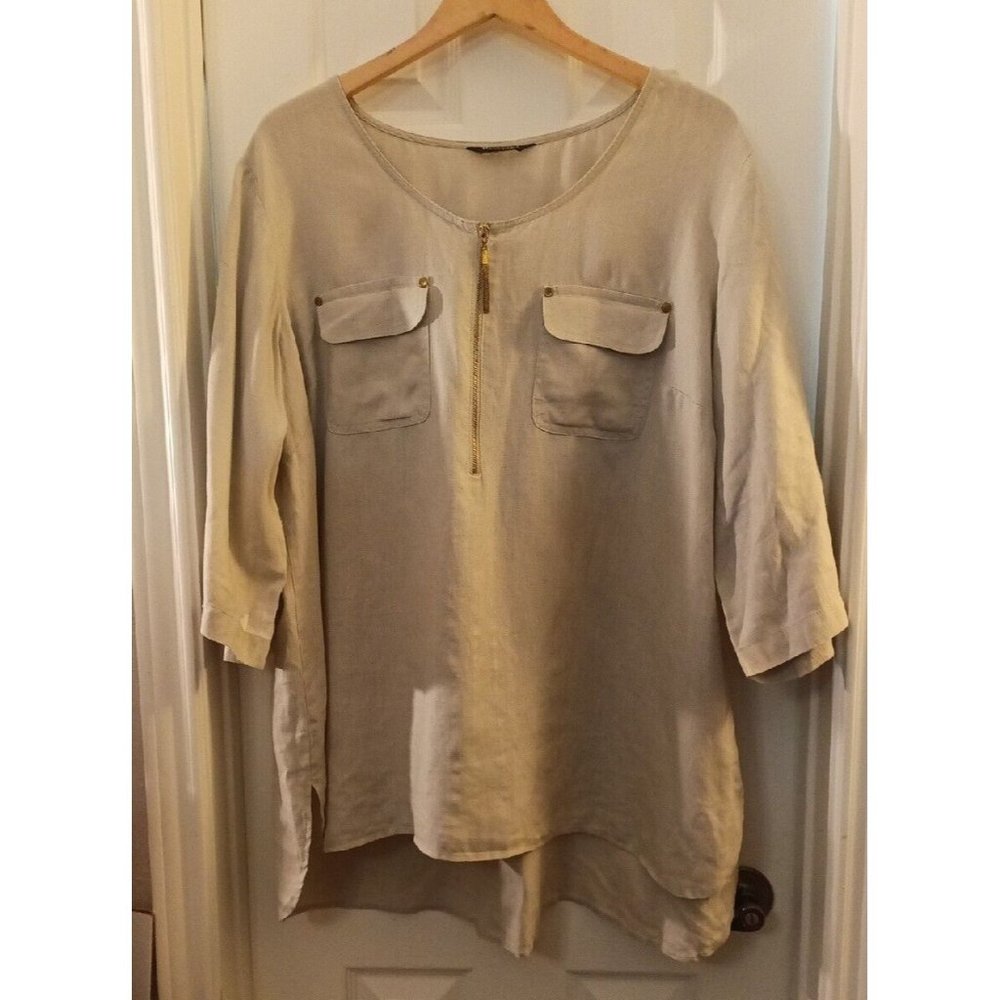 Women's Ellen Tracy 100% Linen 3/4 Sleeve Casual/Career Tan Blouse 2XL